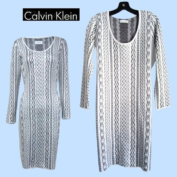 CALVIN KLEIN Minimalism Geometric Scroll Braid Hourglass Sweater Dress